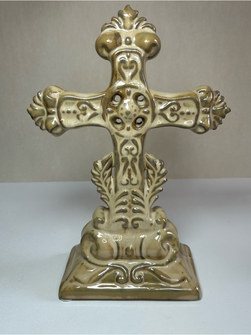 Ornate Ceramic Decorative Cross in cream and taupe